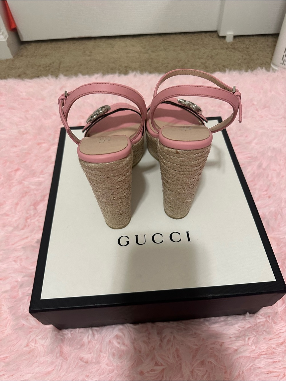 Gucci Pink Leather Platform Espadrille Heels with Double G - Picture 3 of 7